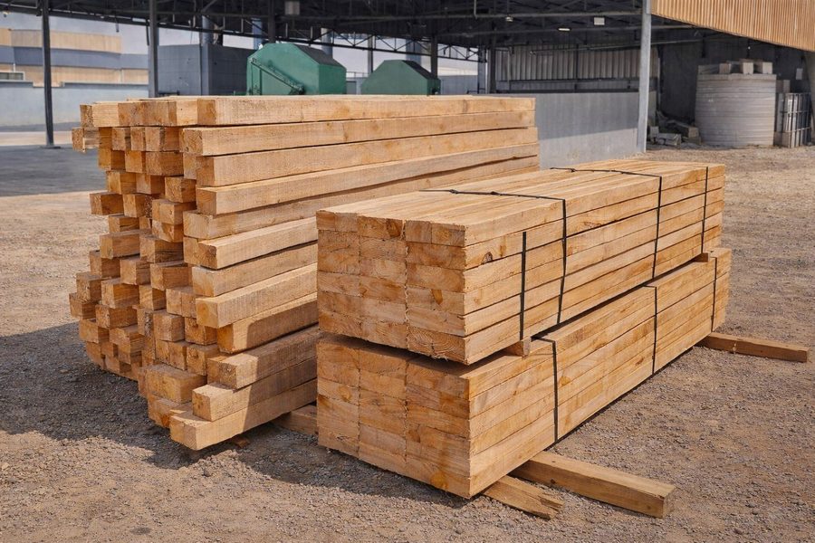 Stacked sawn timber cut to size